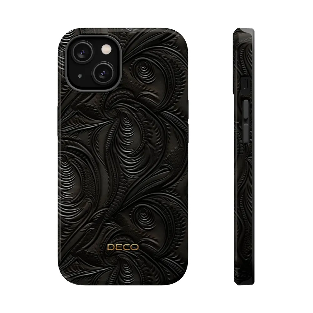 Black Tooled Western Leather MagSafe Impact-Resistant Phone Case