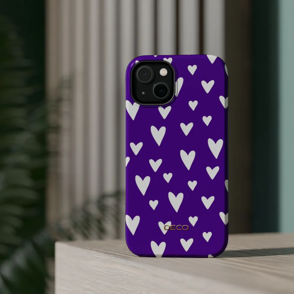 Purple & White Polka Hearts MagSafe Impact-Resistant Phone Case