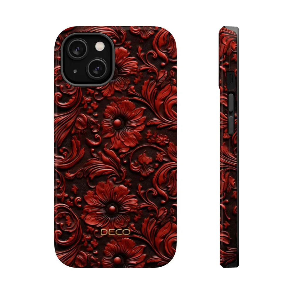 Red Floral Tooled Western Leather MagSafe Impact-Resistant Phone Case