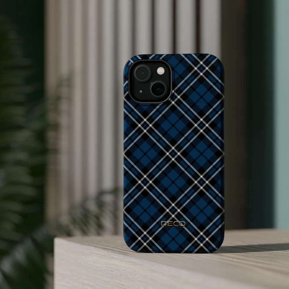 Blue Diagonal Tartan Plaid MagSafe Impact-Resistant Phone Case