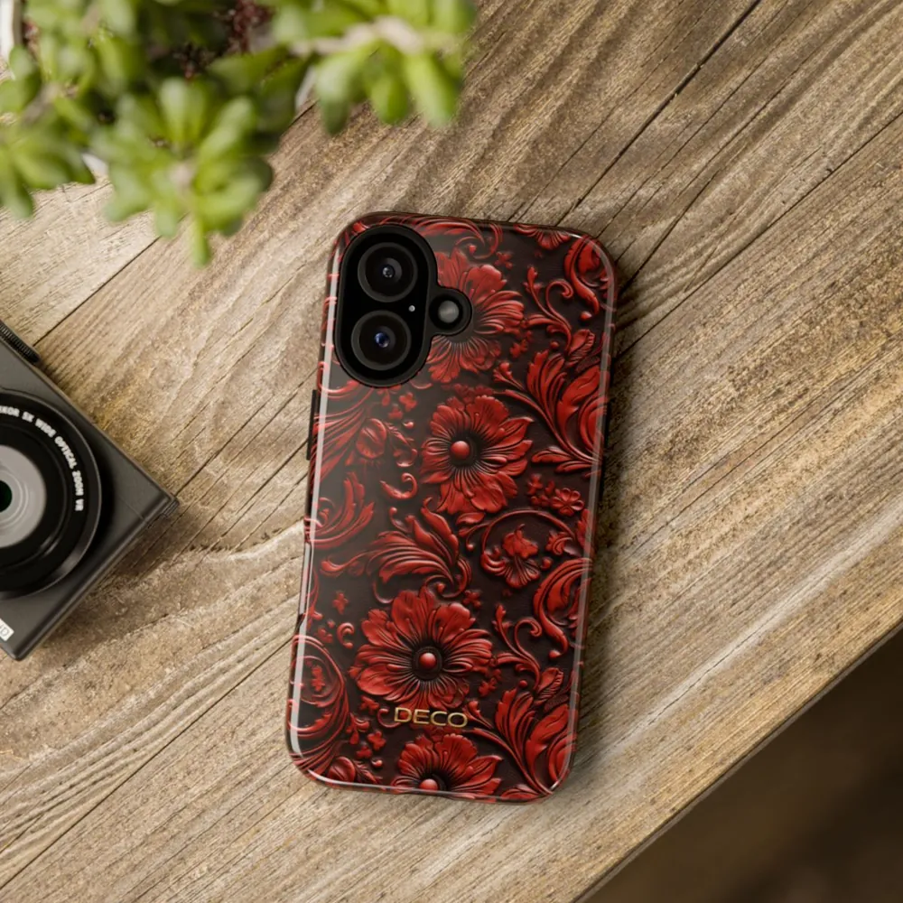 Red Floral Tooled Western Leather Tough Phone Case