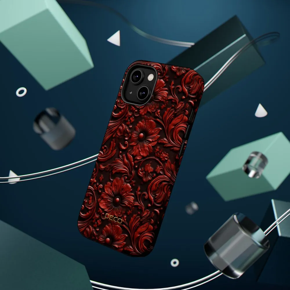 Red Floral Tooled Western Leather MagSafe Impact-Resistant Phone Case
