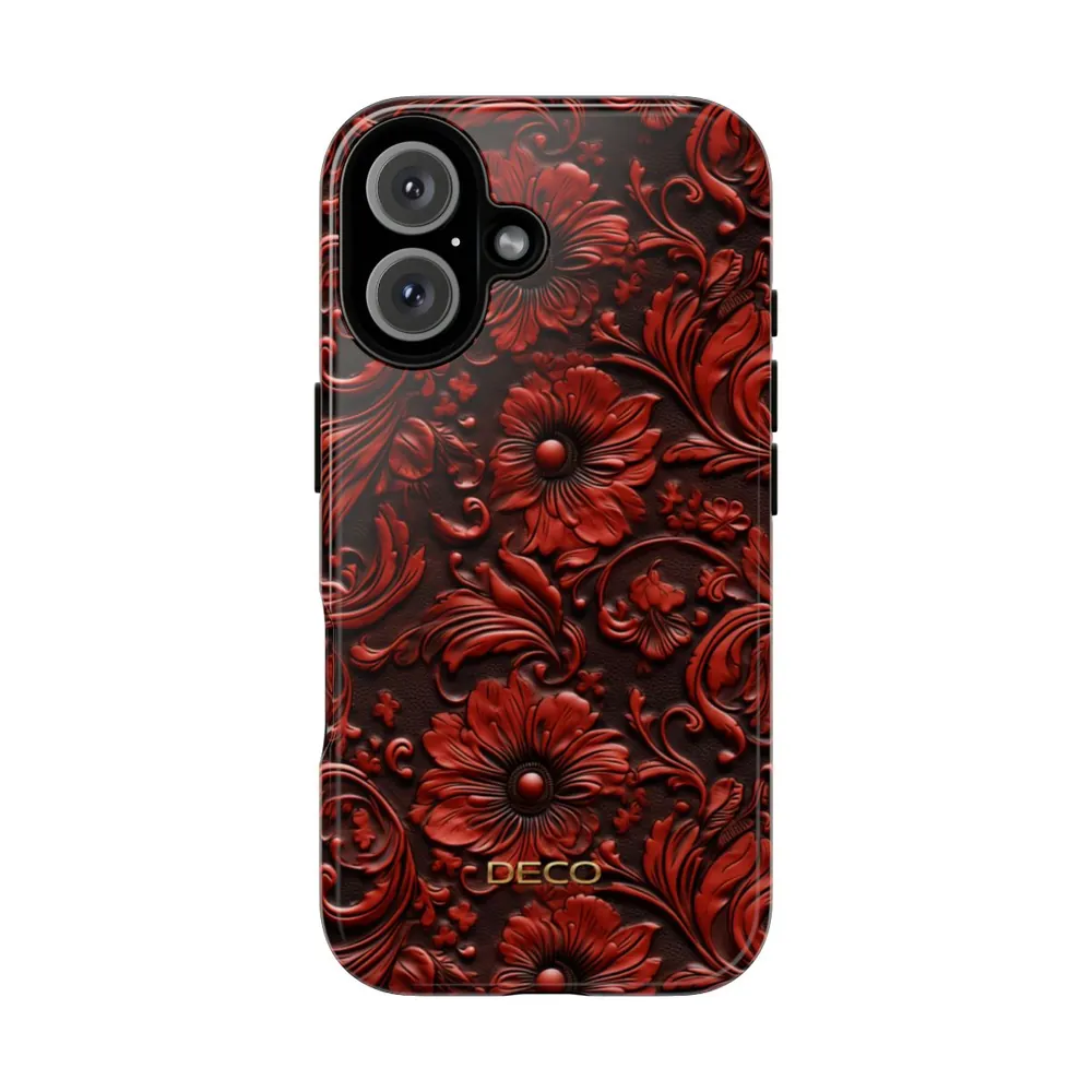 Red Floral Tooled Western Leather Tough Phone Case