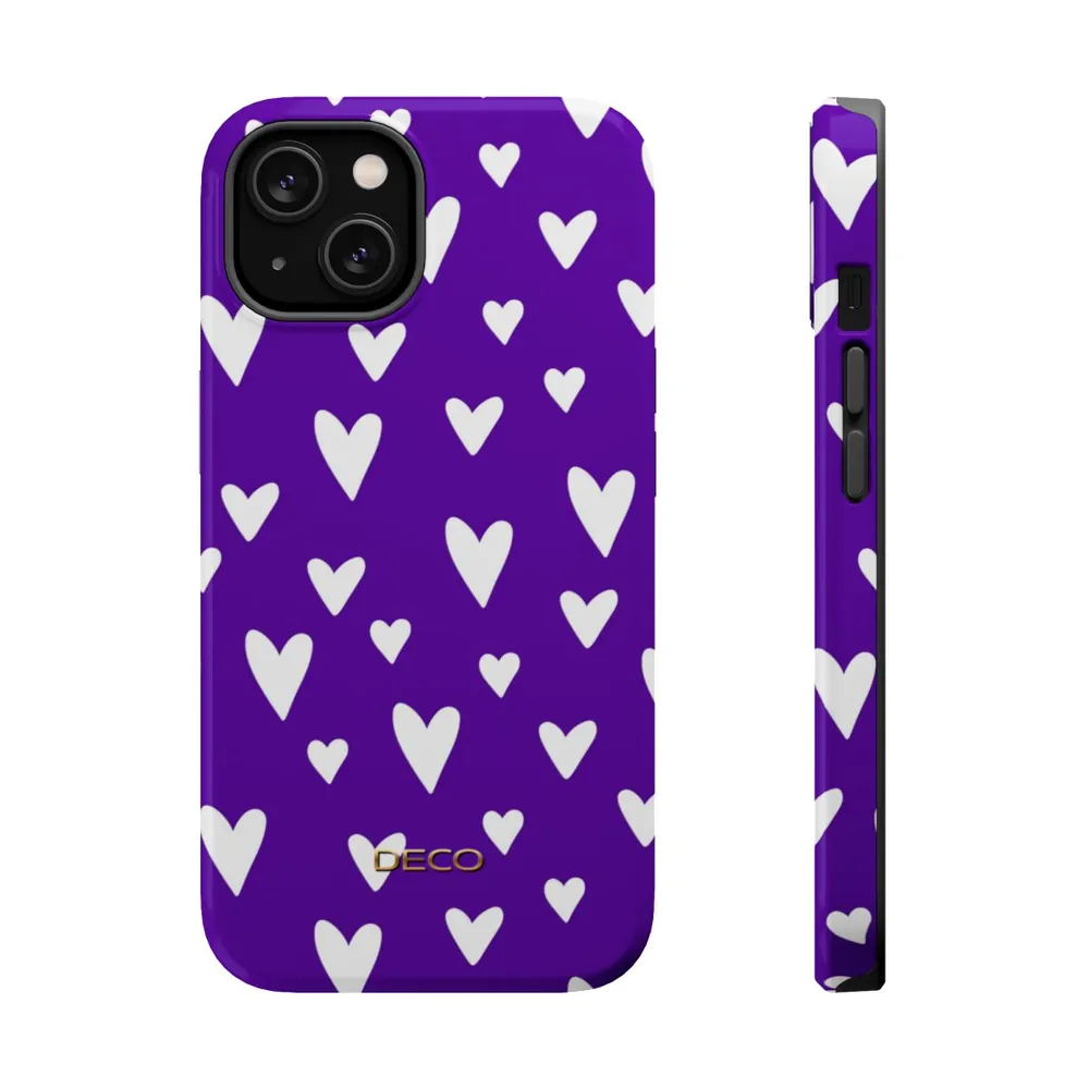 Purple & White Polka Hearts MagSafe Impact-Resistant Phone Case