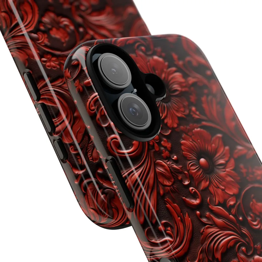 Red Floral Tooled Western Leather Tough Phone Case