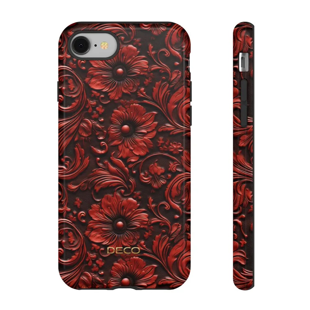 Red Floral Tooled Western Leather Tough Phone Case