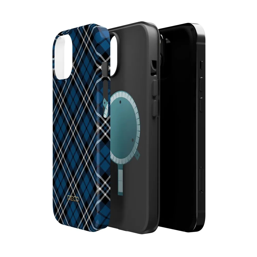 Blue Diagonal Tartan Plaid MagSafe Impact-Resistant Phone Case