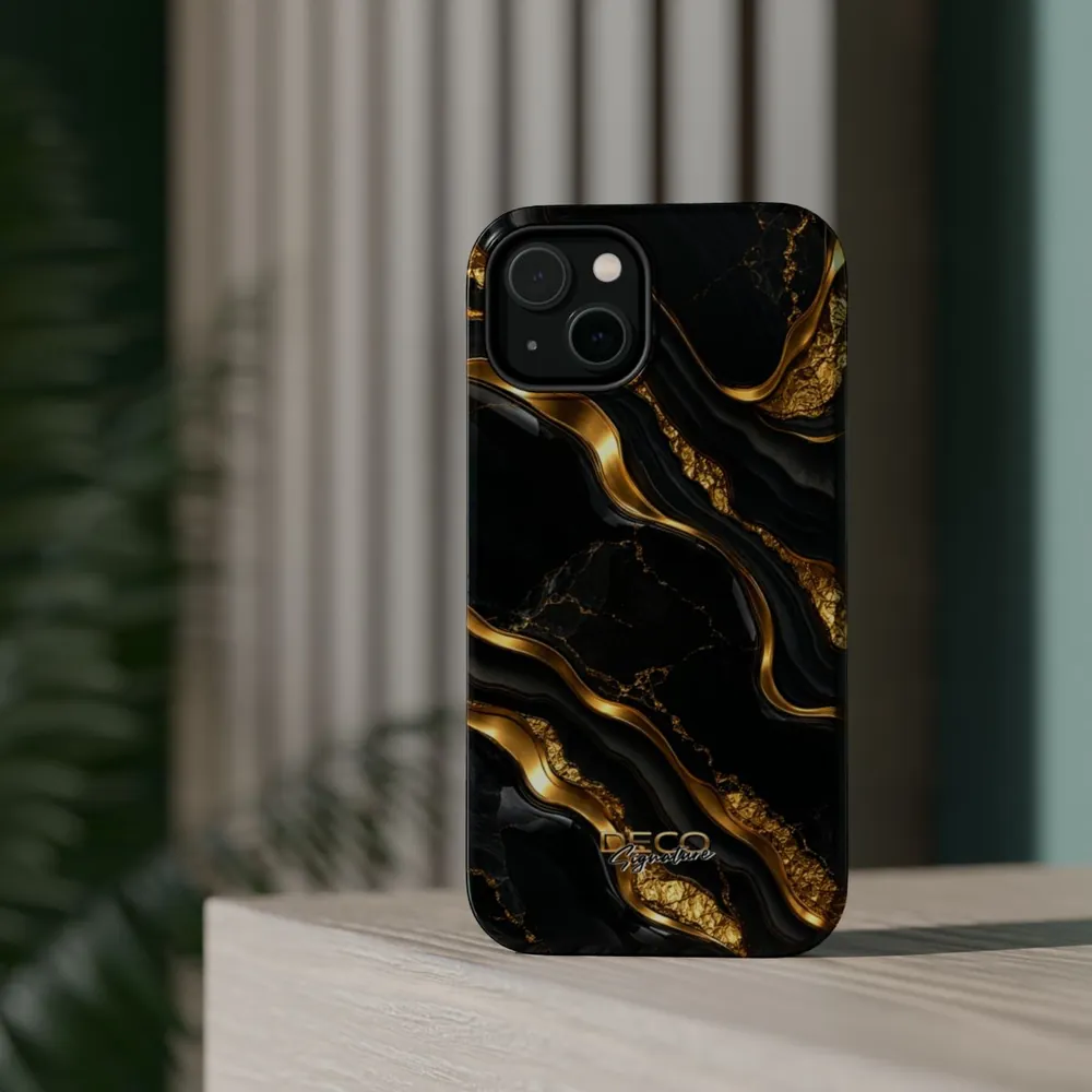 Luxury Textured Black Onyx & Gold DECO Signature MagSafe Impact-Resistant Phone Case