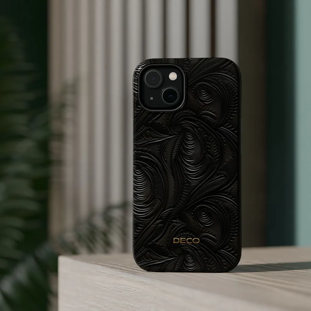 Black Tooled Western Leather MagSafe Impact-Resistant Phone Case