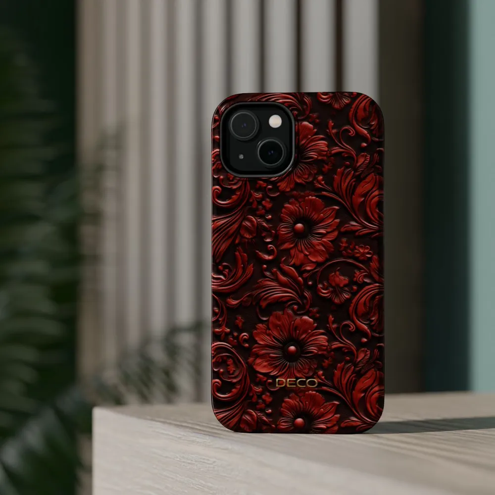 Red Floral Tooled Western Leather MagSafe Impact-Resistant Phone Case