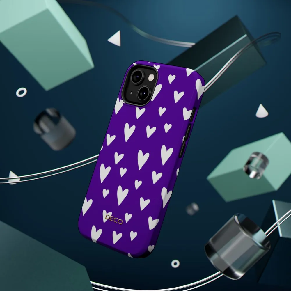 Purple & White Polka Hearts MagSafe Impact-Resistant Phone Case