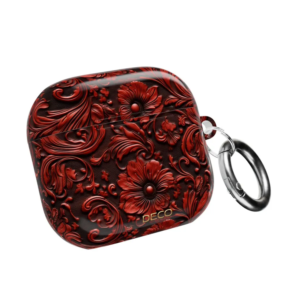 Red Floral Tooled Western Leather AirPod Case